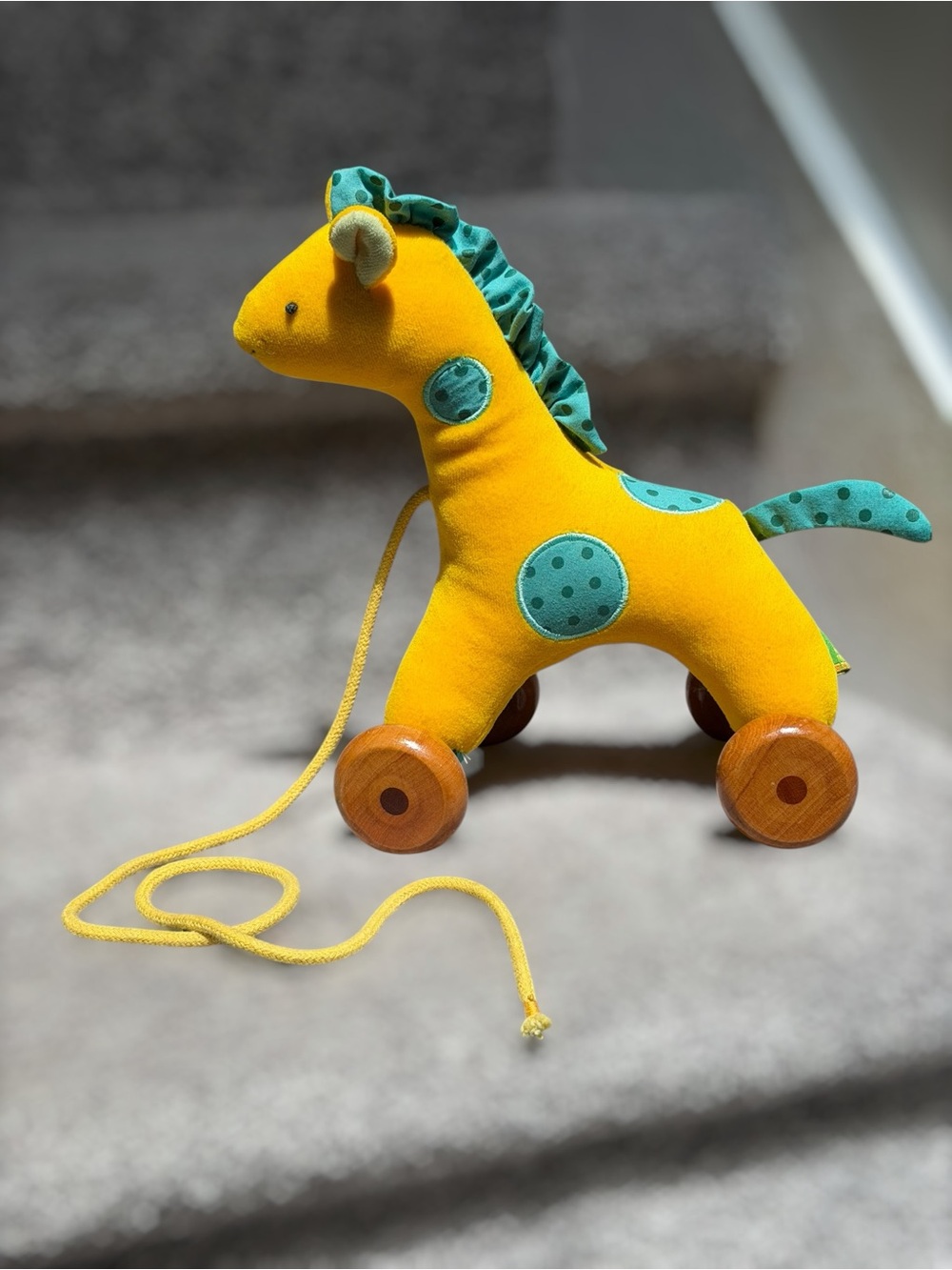 Vintage 2003 Rich Frogâ Giraffe Pull Toy Plush Wooden Wheels Montessori Waldorf